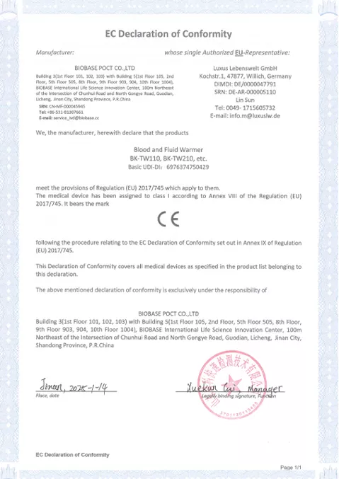EU Declaration of Conformity-blood and fluid warmer
 Certificate