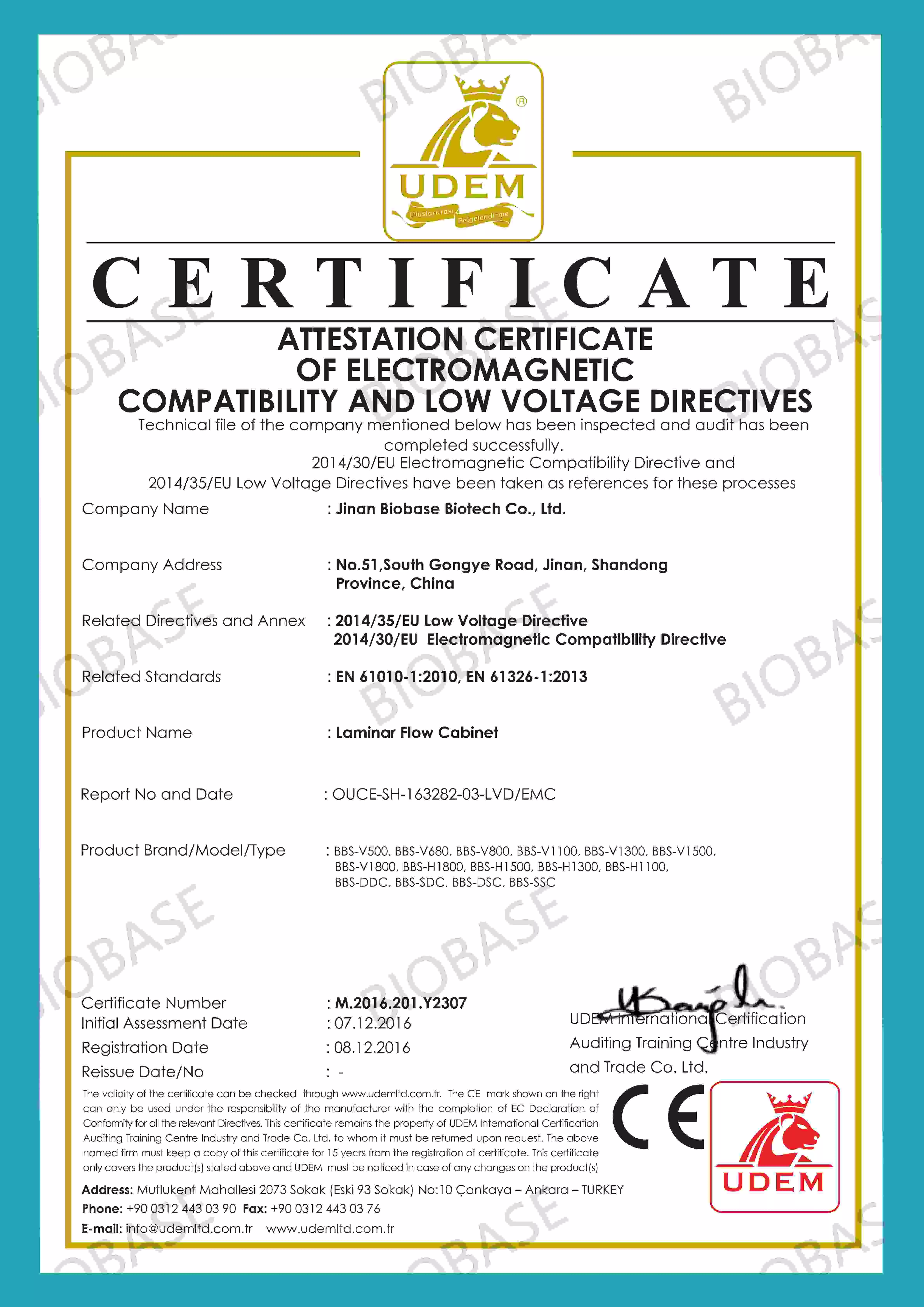 CE-Laminar Flow Cabinet Certificate